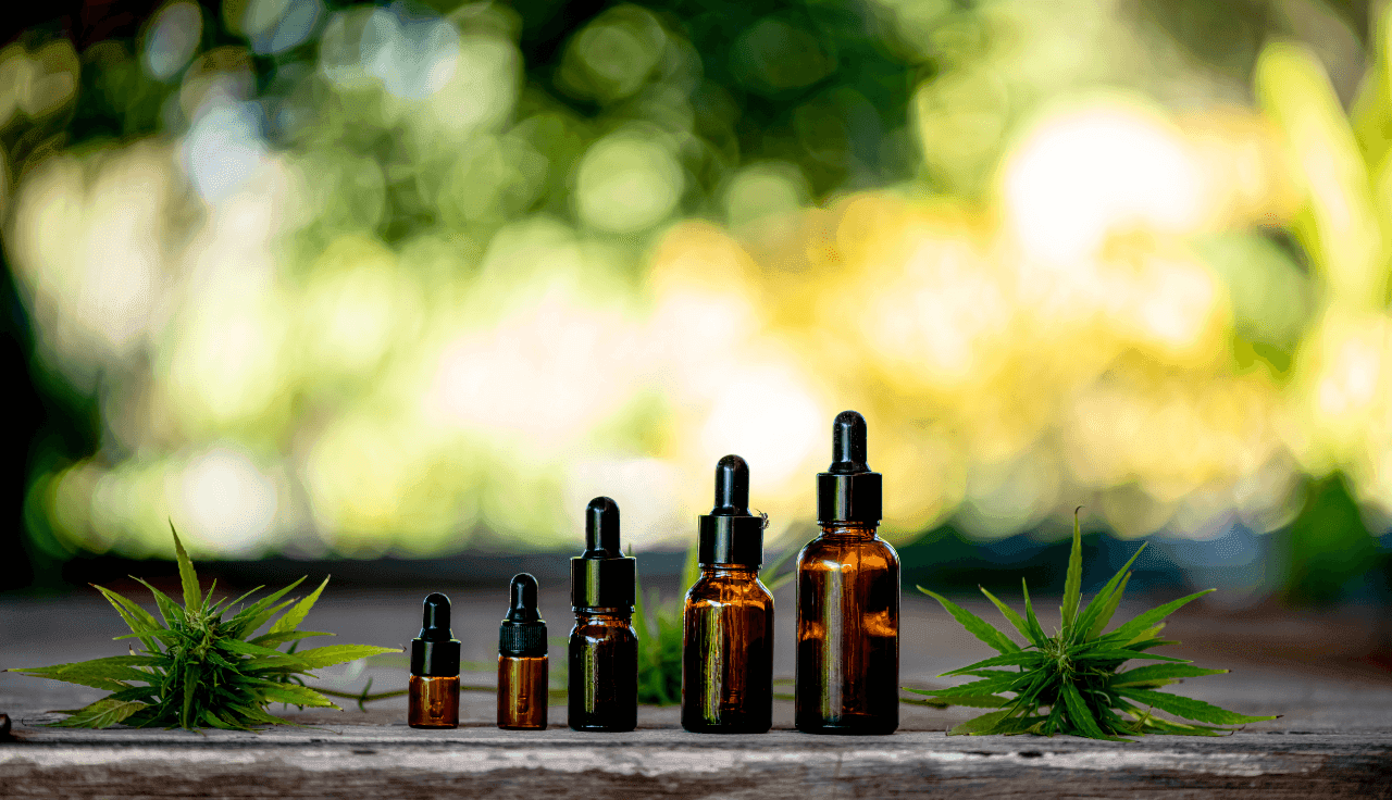 grüne Cannabis Pflanze und Extrakte auf einem Holztisch