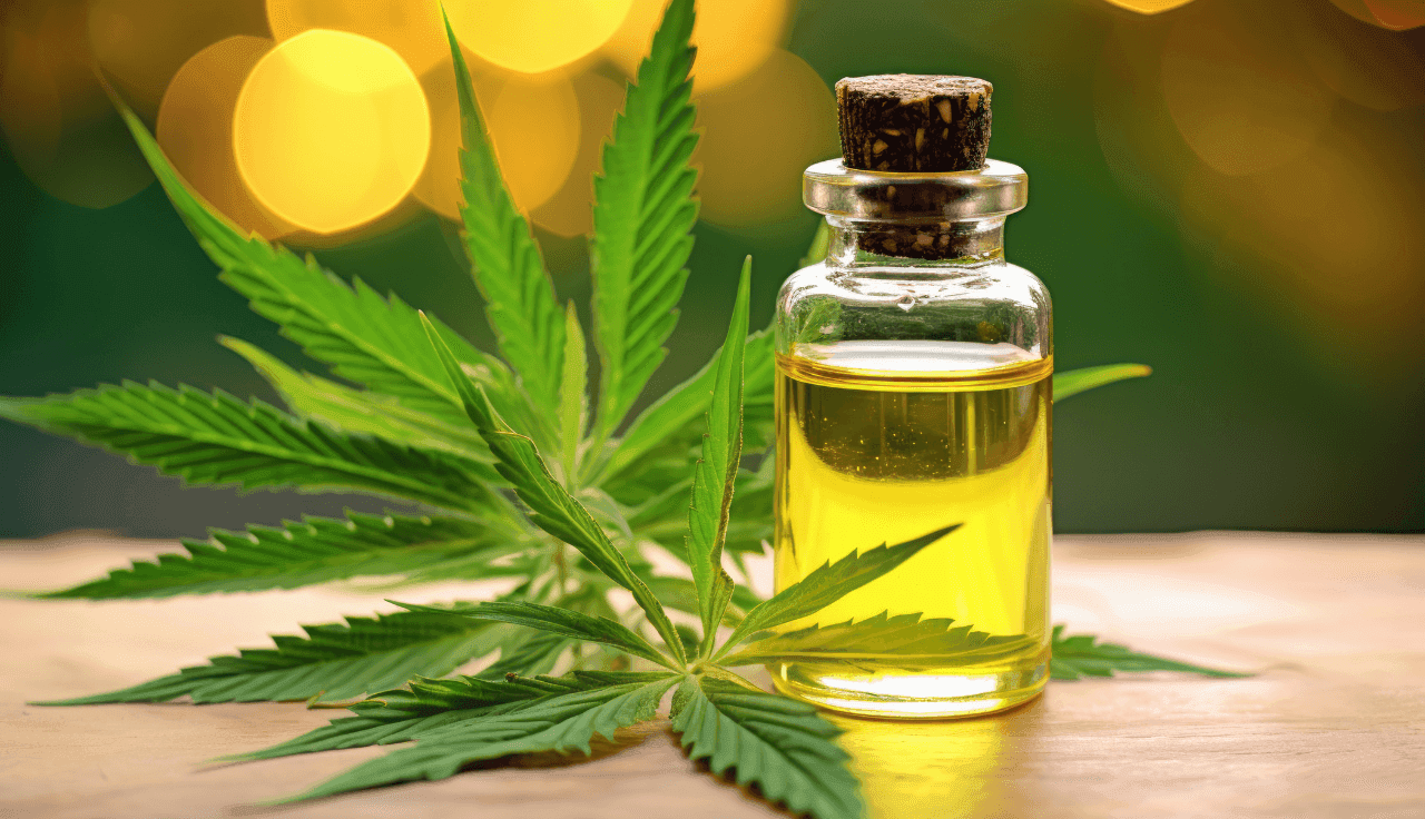 grüne Cannabis Pflanze und Extrakt auf Holztisch